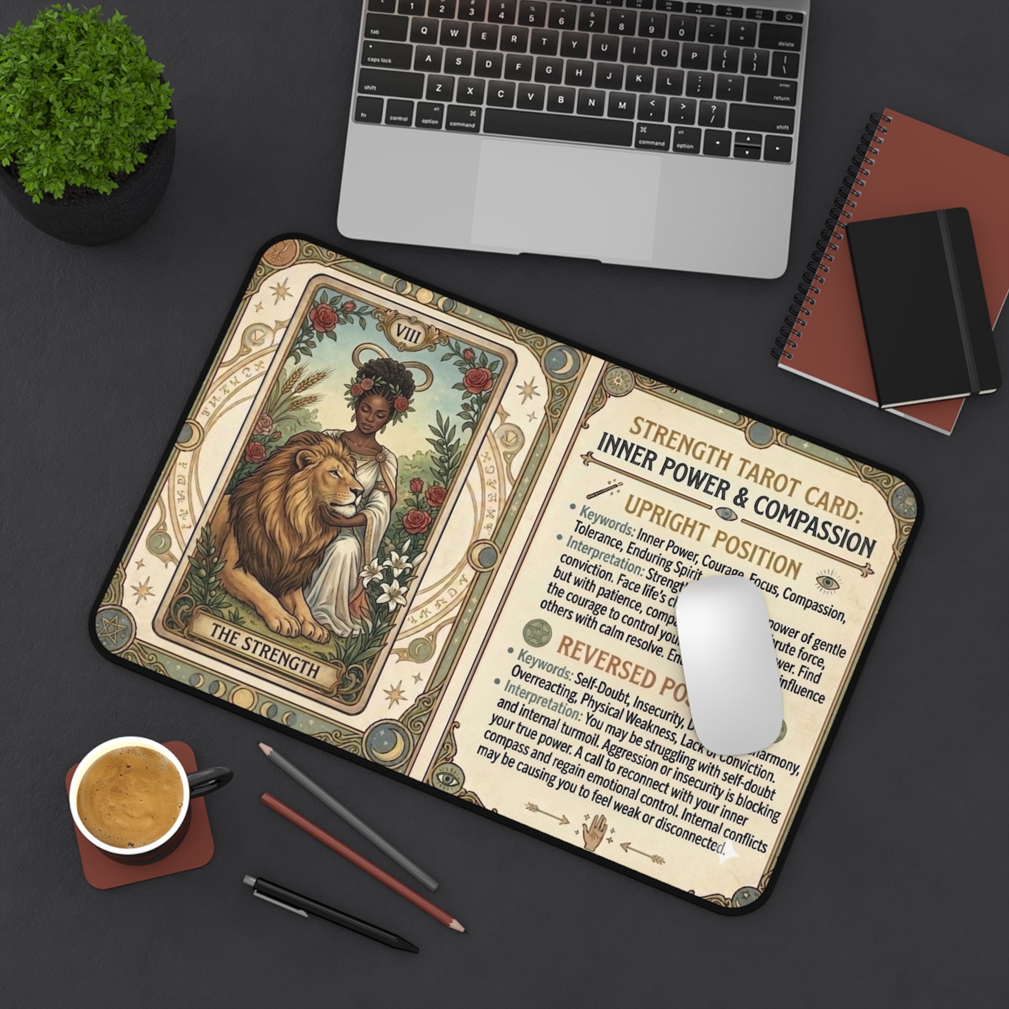 The Strength Tarot Card Desk Mat | Mystical Mouse Pad & Vintage Occult Decor