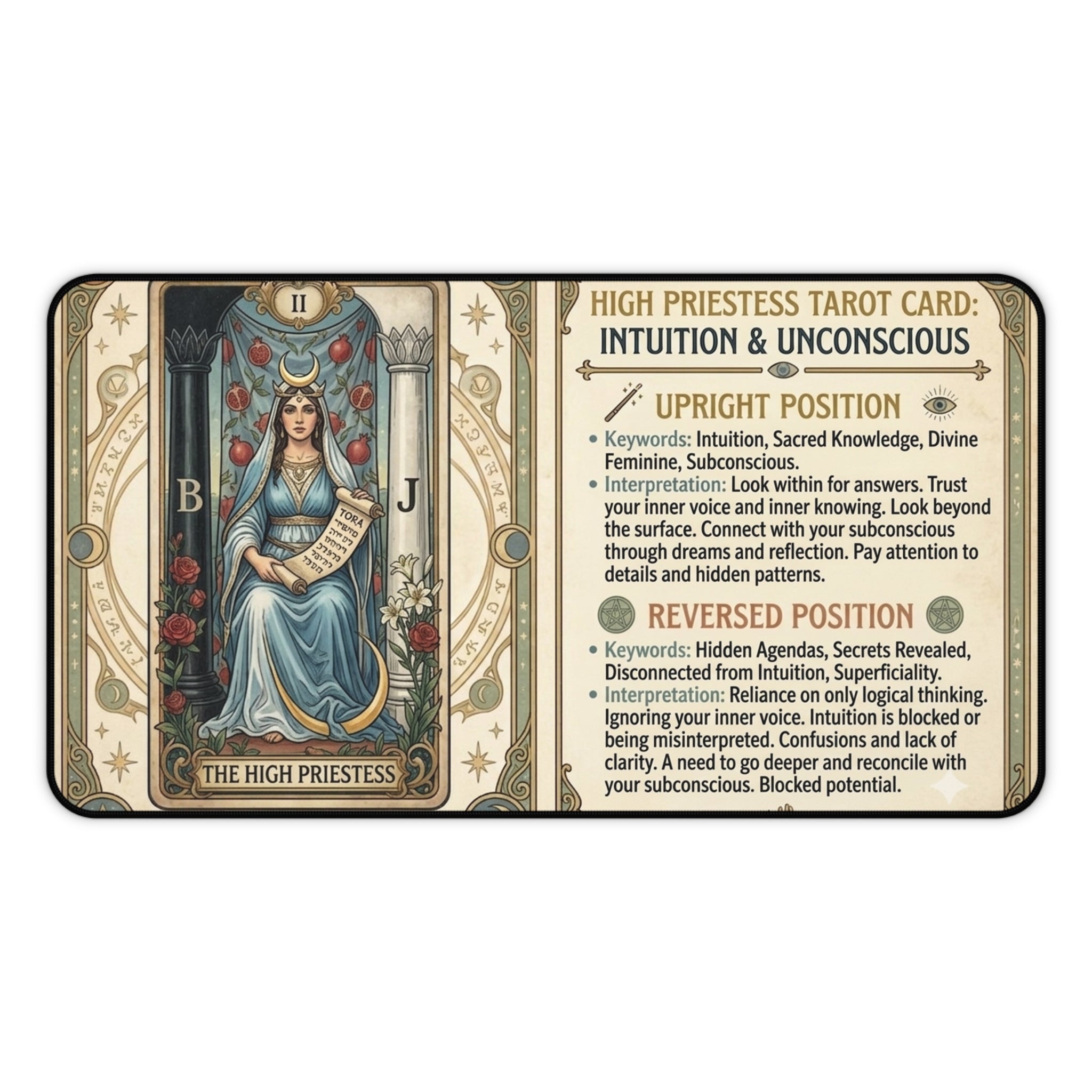 The High Priestess Tarot Card Desk Mat | Mystical Mouse Pad & Vintage Occult Decor